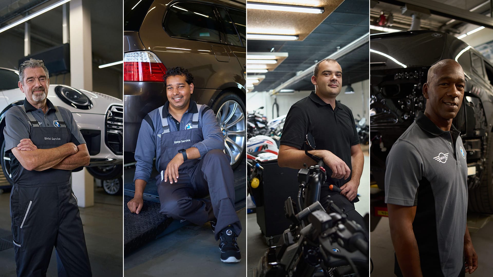 Monteurs bij een MINI, BMW en BMW motorfiets